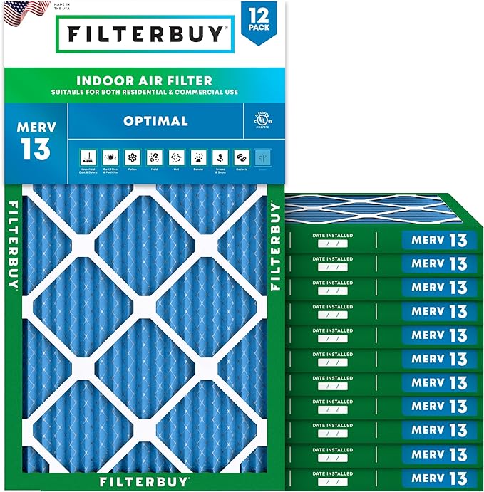 Filterbuy 12x30x1 Air Filter MERV 13 Optimal Smoke & Allergy Defense (12-Pack), Electrostatic Pleated HVAC AC Furnace Filters Replacement, Made in USA (Actual Size: 11.88 x 29.88 x 0.75)