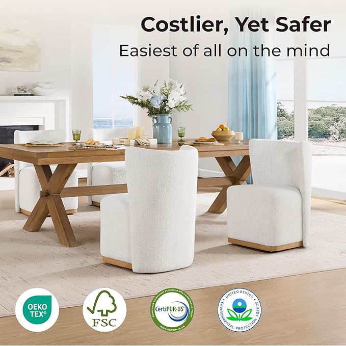 CHITA Upholstered Rolling Dining Chair on Casters Set of 4, FSC Certified Modern Curve Back Dining Chair with Casters, Boucle Dining Chairs for Reading Room Kitchen Dining Room, Pearl