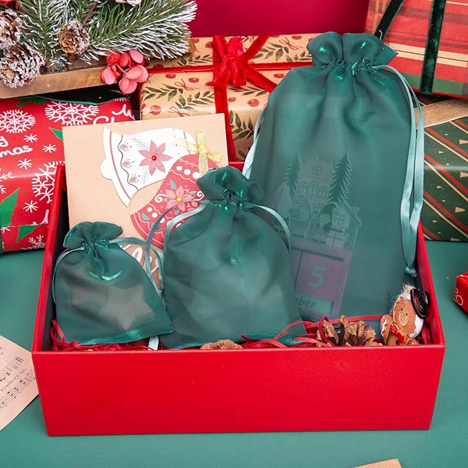 QIANF 20 Pcs Dark Green Small Organza Bags 6X9 inch for Wedding Favors with Drawstring, Mini Mesh Gift Bags Jewelry Pouch for Candy Bridal Shower Party Favor Baby Shower Christmas