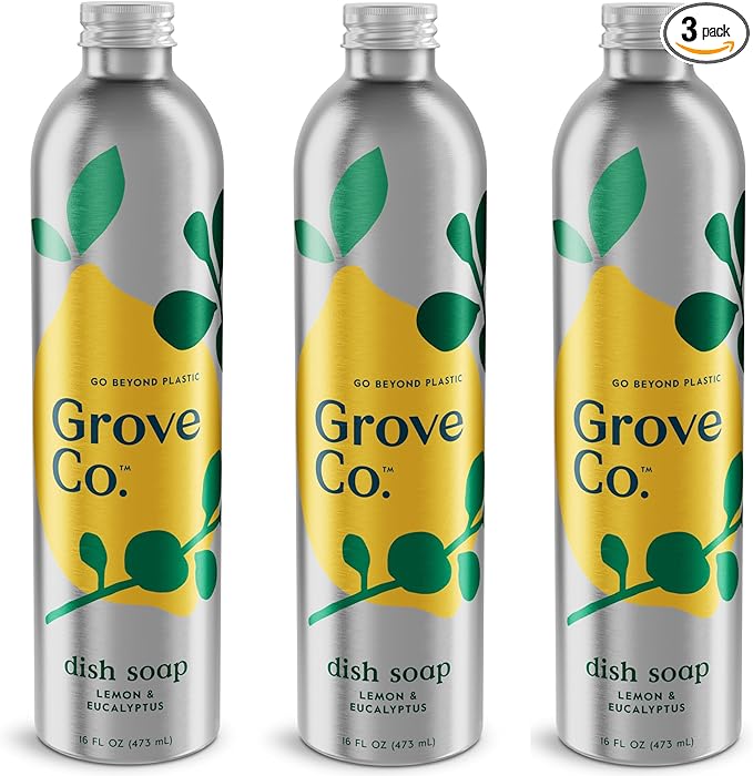 Grove Co. Ultimate Dish Soap Refills (3 x16 Fl Oz) Removes 48-hr Stuck-on Food and Grease, Plastic Free Cleaning Products, 100% Natural Lemon & Eucalyptus Fragrance