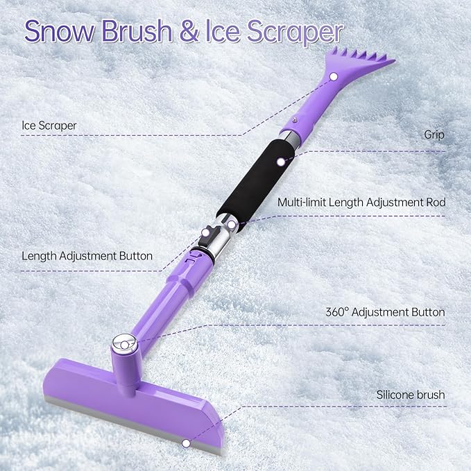 49.2inch Ice Scraper with Snow Brush, Ice Scrapers for Car Windshield,Extendable Snow Removal Tool for Car Window with Foam Grip,360° Silicone Brush Head for Car Auto Truck SUV (Purple)