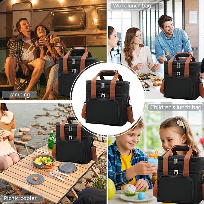 16 litres Insulated Lunch Bag for Men & Women, 2 Deck Lunch Box with Leak-Proof, Insulated Cooler Bag, Reusable Lunch Tote, with Adjustable Shoulder Strap for Office Picnic Hiking Beach