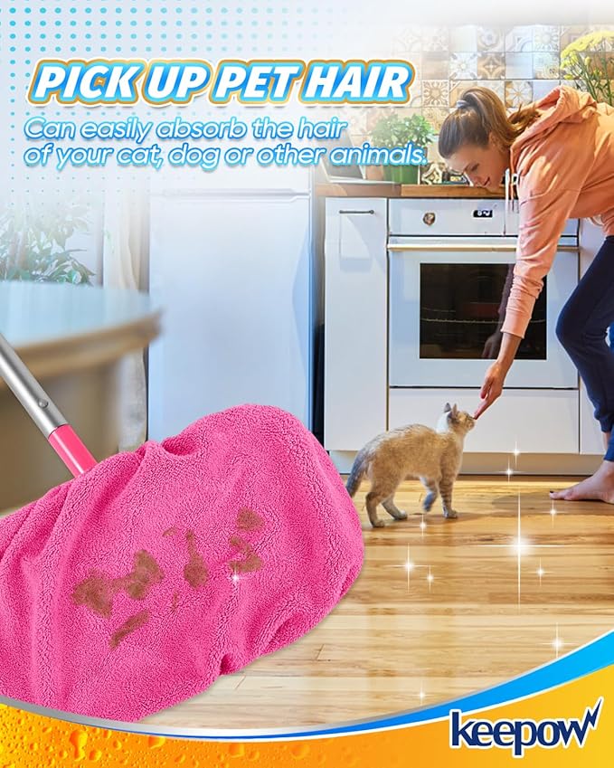 KEEPOW 4 Pack Reusable Mop Pads Compatible with Swiffer Sweeper, Microfiber Washable Swiffer Mop Pads, Dry & Wet Sweeping Mopping Cloths (Pink)