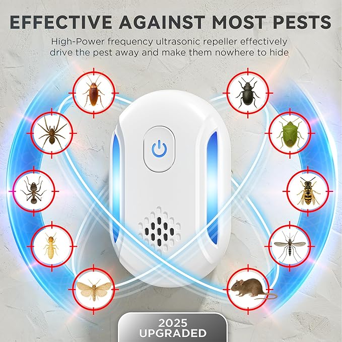 (2025 Upgraded) Ultrasonic Insect & Pest Indoor Repeller, Plug-in Control Device Electronic Repellent for Rodent, Mice, Rats, Roaches, Bugs, Ants, Spiders, Mosquitoes, 2 Mode Switching (6 Pack)