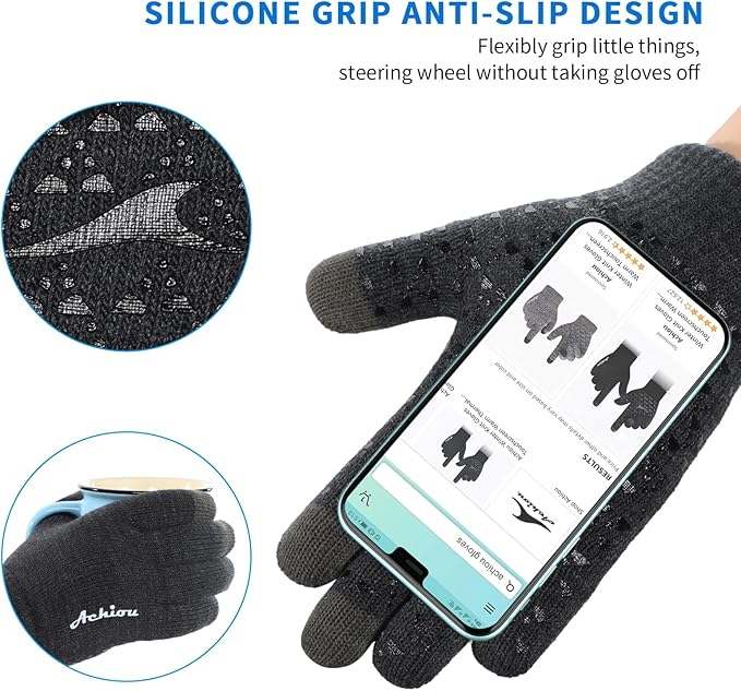 Achiou Winter Gloves for Men Women, Touch Screen Gloves, Upgraded Thicken Anti-Slip Silicone Gel, Thermal Soft Knit Lining