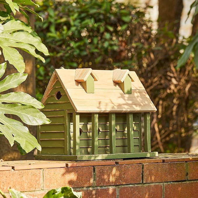 Glitzhome 14.25”L Wood Hanging Birdhouse for Outdoors Oversized Distressed Cottage Bird House Rustic Painted Bird House for Bluebird Wren Chickadee Sparrow Bird Nest Box for Garden Patio, Green