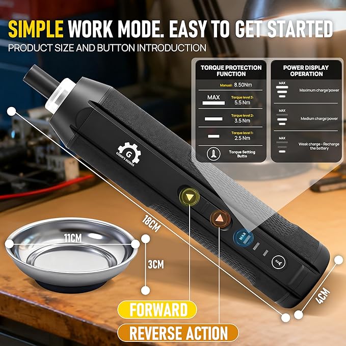 Electric Torque Screwdriver Set 4V with 3 Torque Settings 5.5Nm Max Electric and 8.5 Manual Torque LED Light, 2000mAh Battery, 35 Magnetic Bits, Extension Rod, Magnetic Wristband, Tray and Storage Box