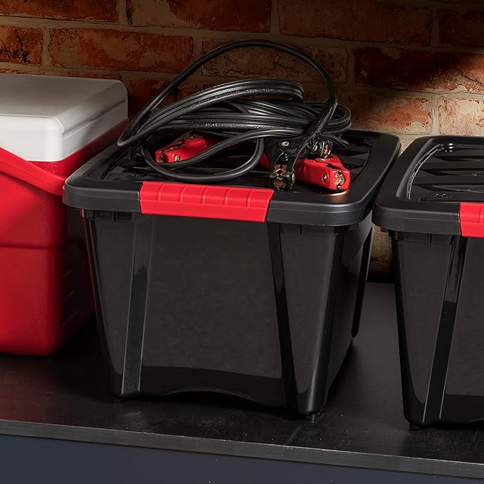 IRIS USA Stack and Pull 19 Quart Black Plastic Storage Tote Container Box Bin with Red Handles for Indoor/Outdoor Home, Garage, or Closet (6 Pack)