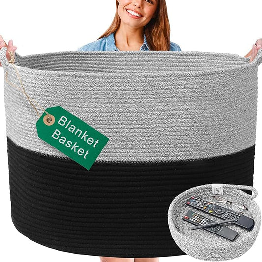 XXXXL WASHABLE 125L Extra Large Durable Soft Blanket Basket, Woven Decorative Cotton Rope Basket with Handles for Laundry, Living Room, Baby Toy Nursery Storage Organization Bin 24" x 17" (Black/Grey)