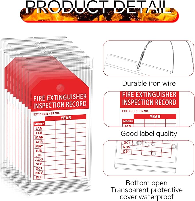25 Pack Fire Extinguisher Inspection Tag Plastic Cover 3.4 x 7.3 Inch Service Record Tags Fire Extinguisher Tamper Seal with Fire Tags and Iron Wire Resealable Waterproof for Indoor and Outdoor (25)