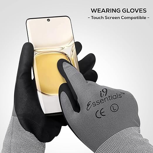 I9 Essentials 12 Pairs MicroFoam Nitrile Coated Touchscreen Work Gloves – Lightweight Grip Safety Gloves for Carpentry, Gardening, Construction & General Work (Large)