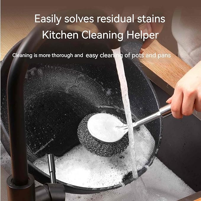 Ergonomic Handle Stainless Steel Scrubber with 4 Replacement Balls, Wire Brush for Kitchen Pots, Grills, Pans and Cutlery