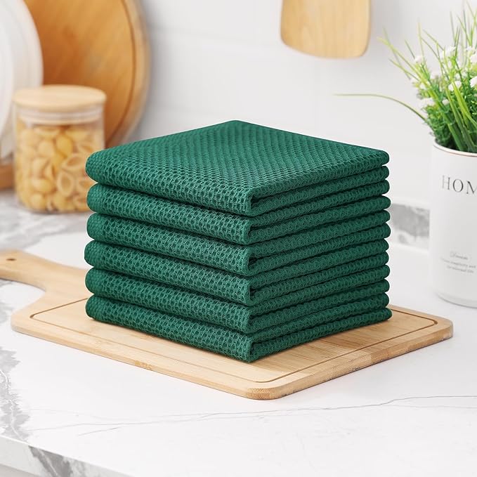 Kitinjoy 100% Cotton Kitchen Dish Cloths, 8 Pack Waffle Weave Ultra Soft Absorbent Dish Towels for Drying Dishes Quick Drying Kitchen Towels Dish Rags, 12 X 12 Inches, Dark Green