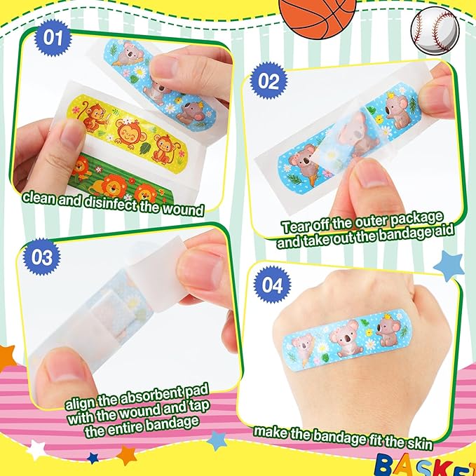 Patelai 300 Pieces Kids Bandages Bulk 10 Styles Children's Adhesive Flexible Colorful Cute Cartoon Bandages Waterproof Breathable Stickers Protection Care Cuts for Girls Boys(Animals)