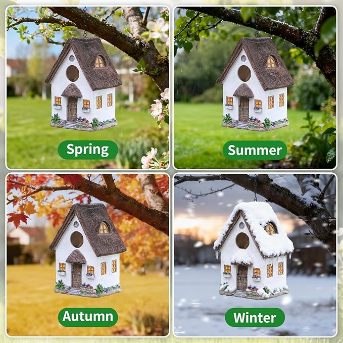Rustic Cottage Birdhouse with Thatch Roof – Hand-Painted Resin Outdoor Bird House for Small Birds, Weatherproof Garden Decor for Backyard or Patio