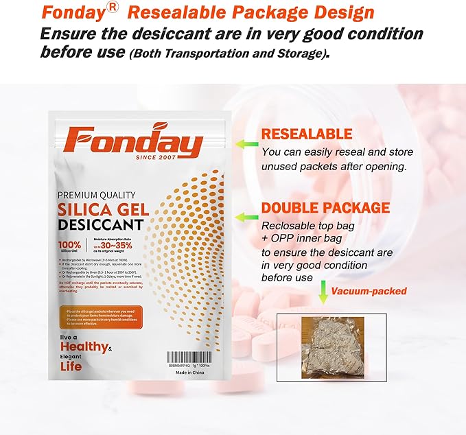 16Packs x 100Gram Fonday Rechargeable Silica Gel Desiccant Packets Food Grade Fast Reactivate Desiccant Bags Moisture Indicating Orange to Green for Food Storage, Electronics, 3D Filament & Safes