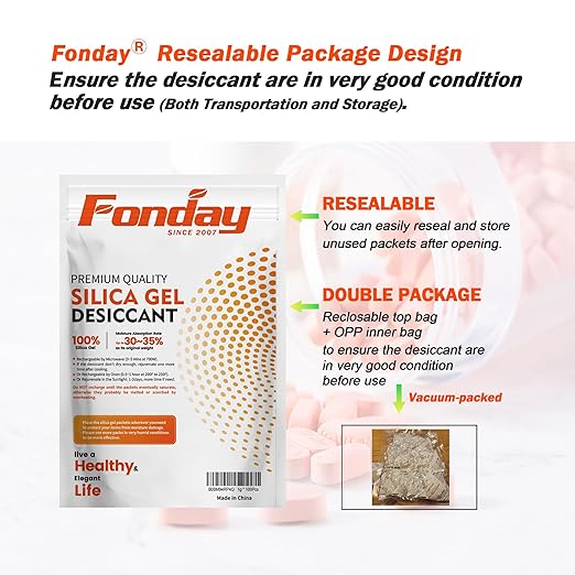 5g x 120 packs Fonday Rechargeable Silica Gel Desiccant Packets Food Grade Fast Reactivate Desiccant Bags Moisture Indicating Orange to Green