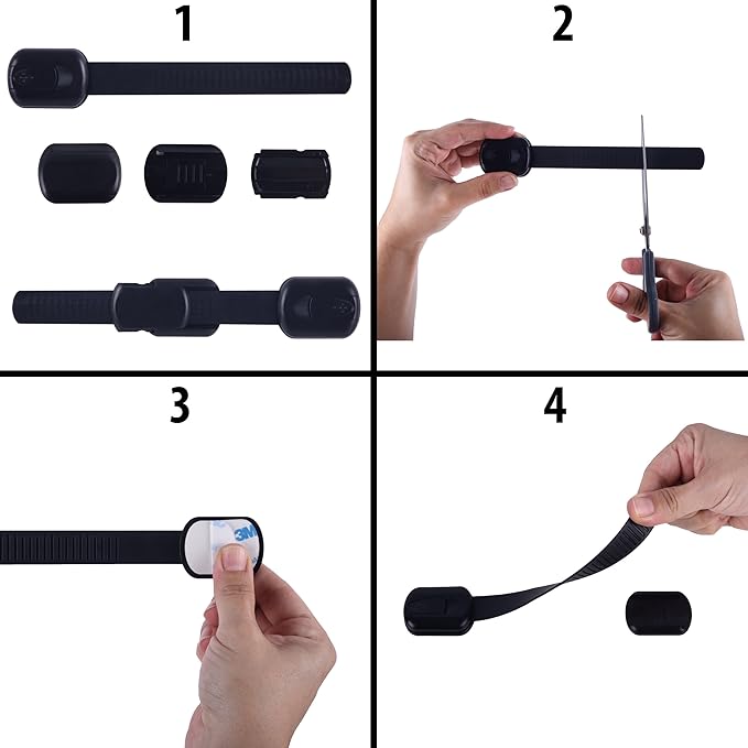 Child Safety Cabinet Locks (2 Pack) – Adjustable Baby Proofing Strap Latches with Strong 3M Adhesive – No Drill Childproof Locks for Drawers, Cabinets, Fridge, Door, Closet, Black