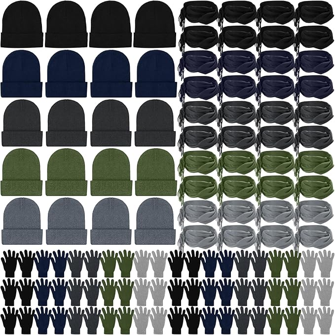 Unittype 300 Pcs Winter Beanies Gloves Scarf Set Bulk 100 Knit Skull Cap 100 Pair Winter Gloves 100 Neck Warmer for Men Women