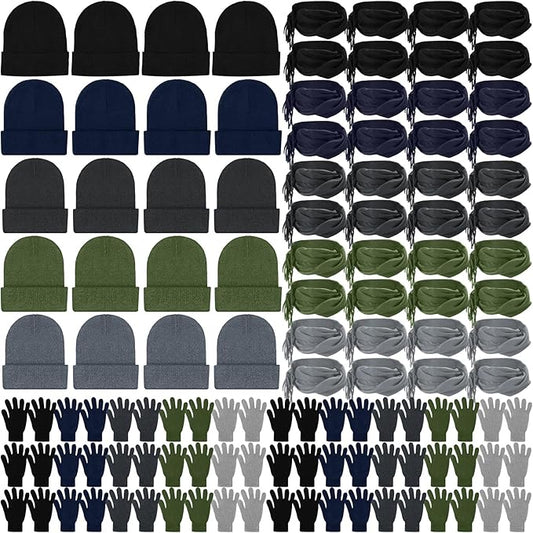 Unittype 300 Pcs Winter Beanies Gloves Scarf Set Bulk 100 Knit Skull Cap 100 Pair Winter Gloves 100 Neck Warmer for Men Women