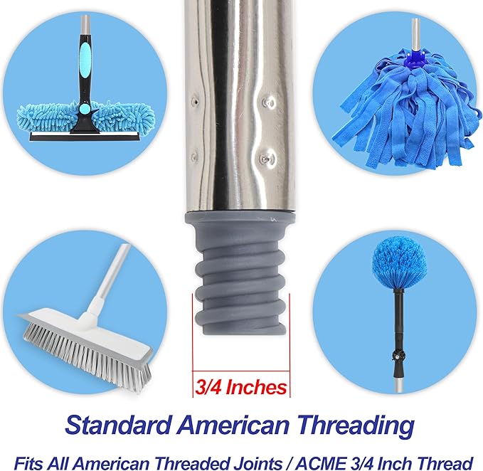4-Section 4.8ft. Stainless Steel Pole Mop Replacement Handle Compatible with All Cleaning Head with American Threading System