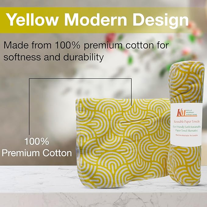 Pack of 10 Reusable Paper Towels | 10x10 Inch Cotton Towels | Kitchen Utensils Print | Eco Friendly, Washable, Quick Drying | Sustainable Cleaning Cloths | Yellow Modern