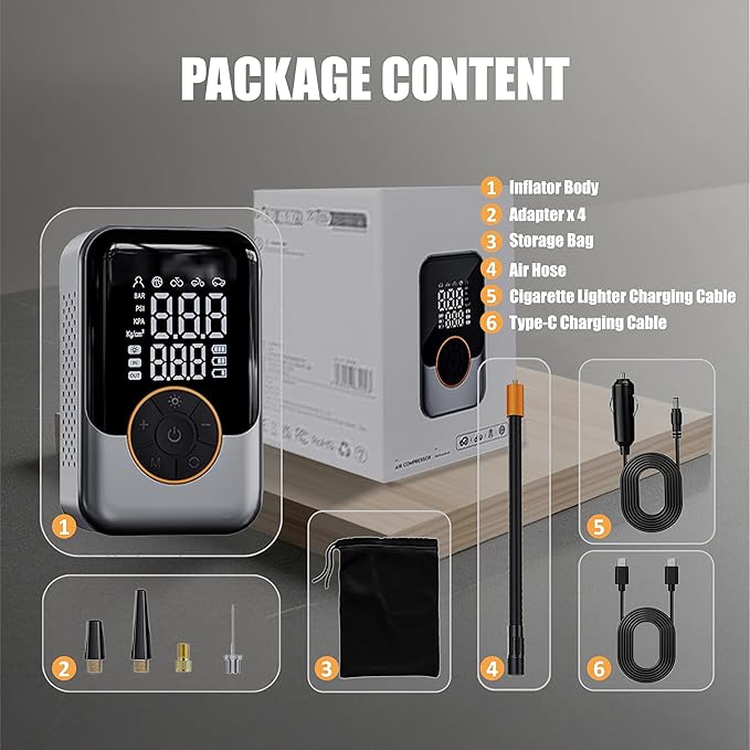 Portable Tire Inflator, Handheld with LCD Display & Auto Shut-off, Built-in Flashlight, Dual Power Modes, for Car/Bike/Motorcycle/Inflatables