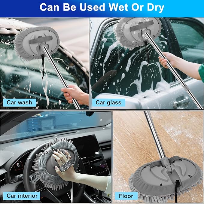 THINKWORK Car Wash Kit, Car Washing Brush with Long Handle, Extendable Car Wash Brush Mop with 2-in-1 Windshield Squeegee and 9Pcs Detailing Brush, Gray Car Detailing Kit Gift for Men