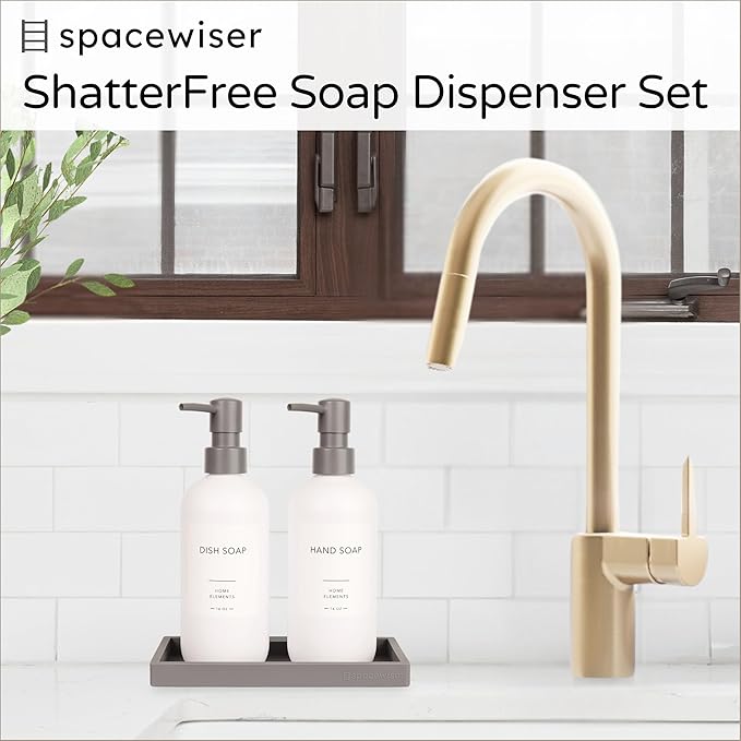 Plastic Soap Dispenser Set - PET Plastic Dish Soap Dispenser for Kitchen, Hand Soap Lotion Bottles with Pump Dispenser for Bathroom, Includes 8 Waterproof Labels, 16 oz, Gray Silicone Tray