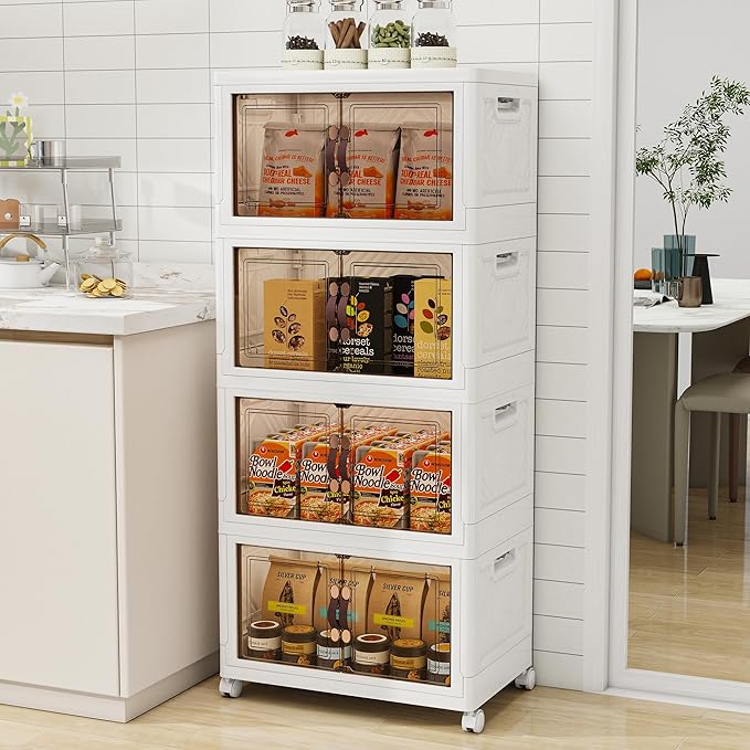 Storage Bins with Lids and Wheels, Collapsible Bathroom Storage Cabinet with Clear Doors, Plastic Stackable Closet Organizers and Storage Containers White 597 QT