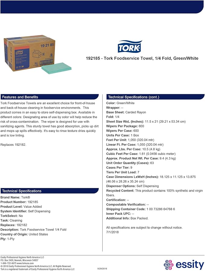 Tork Foodservice Cleaning Towel Green/White Self Dispensing, 1/4 Folded, 1 x 600 Towels, 192185