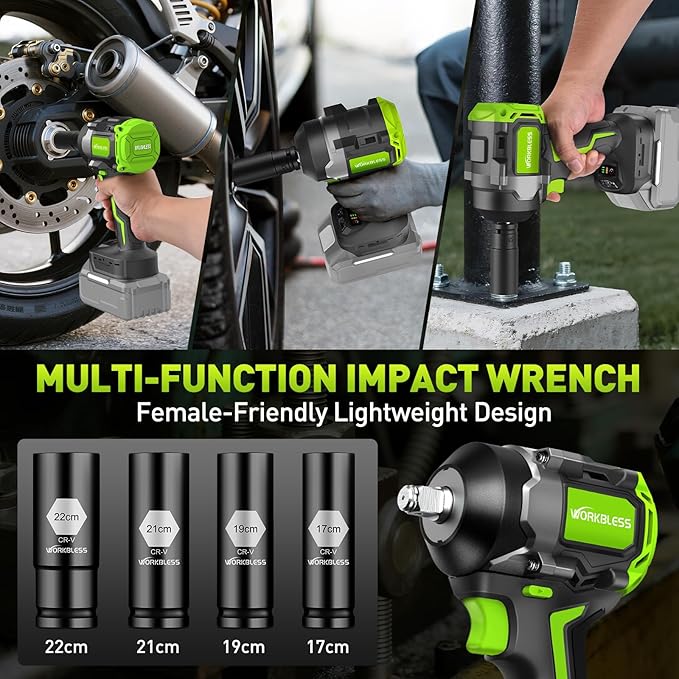 850Nm (630Ft-lbs) Cordless Impact Wrench for Ma-kita 18V Battery, Brushless 1/2 Impact Gun, 3-Speed, 4 Cr-V Sockets, LED Light, Electric Impact Wrench for Car Tire, Mower Lug Nut
