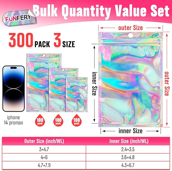 Funfery 300 Pack 3 Size Mylar Holographic Bags with Clear Window,Resealable Bag Smell Proof Foil Baggies Packaging Pouch for Food Storage,Sample,Small Business(Holographic,3x4.7,4x6,4.7x7.9in)