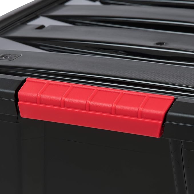 IRIS USA 54 Qt Stackable Plastic Storage Bins with Lids, 6 Pack - BPA-Free, Made in USA - Garage Organizing Solution, Latches, Durable Nestable Containers, Secure Pull Handle - Black