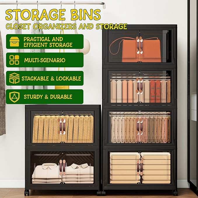 Storage Bins with Lids and Wheels, Collapsible Bathroom Storage Cabinet with Clear Doors, Plastic Stackable Closet Organizers and Storage Containers Black 597 QT