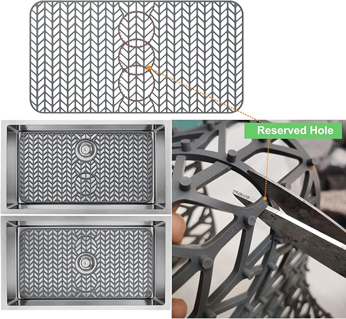 AWOKE Sink Protectors for Kitchen Sink - 19"x 13" Sink Mat - Heat resistant Easy-clean Silicone Sink Mat - for Protection of Stainless Steel Sink - with 3 Reserved Holes (Grey)