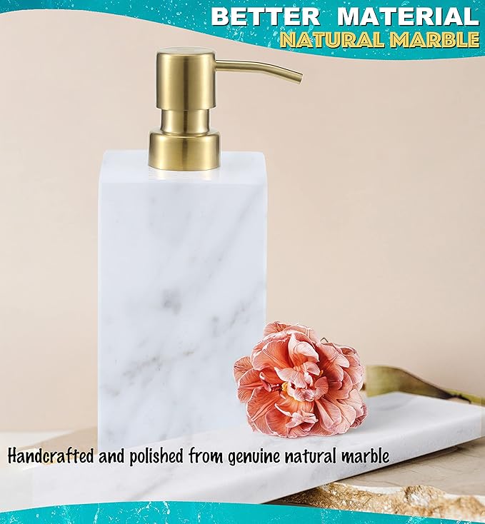 LAGOM HOUSE Marble Soap Dispenser, White Italian Natural Stone Marble Liquid Hand Soap Dispenser Decorative Bottle for Kitchen Bathroom Countertop Gold Stainless Steel Lotion Pump Dispenser