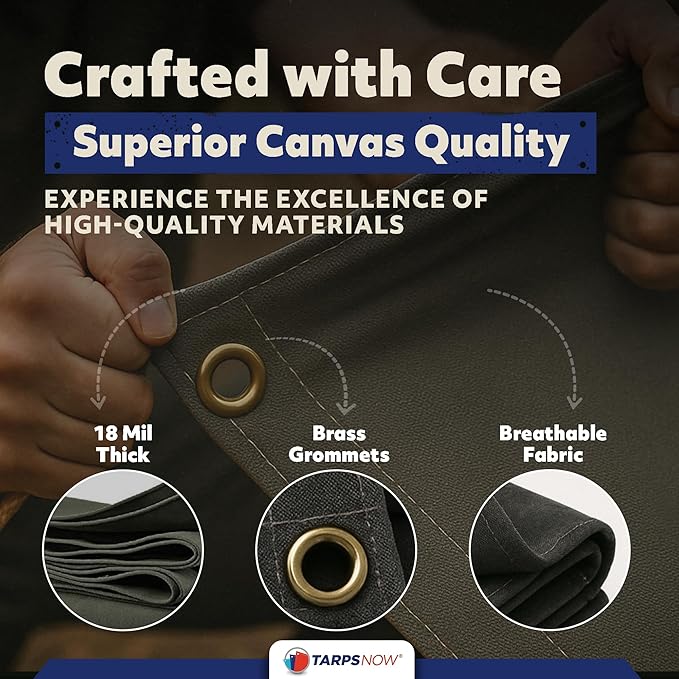 TarpsNow® Fire Retardant Tarp - 8' x 12' - 18 MIL Heavy Duty Canvas Tarp - Flame & Tear Resistant w/Brass Grommets - Best for Safety, Outdoors, Camping, Boating, Welding, Woodpile, House, Fire Pit