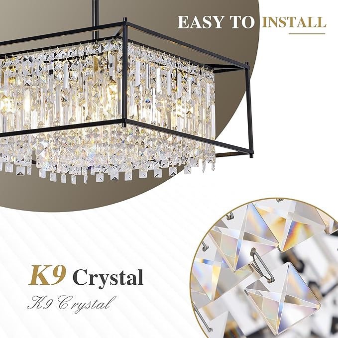 Black Chandeliers for Dining Room, Black Square Lndustrial Chandelier Crystal Pendant Light for Kitchen Island Dining Room Living Room Flat and Inclined Ceiling,L24 x W24 x H17.5