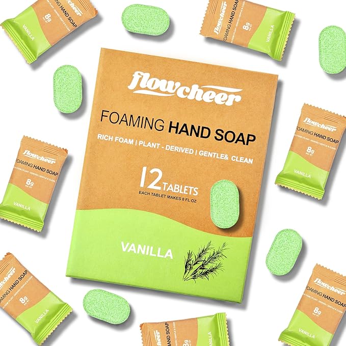 Foaming Hand Soap Refill Tablets, 12 Pack Makes 108 fl oz (12 x 9 fl oz Bottles) Vanilla Fragrance,Fresh & Clean Handwash, No Plastic Bottle