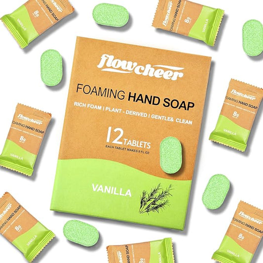 Foaming Hand Soap Refill Tablets, 12 Pack Makes 108 fl oz (12 x 9 fl oz Bottles) Vanilla Fragrance,Fresh & Clean Handwash, No Plastic Bottle
