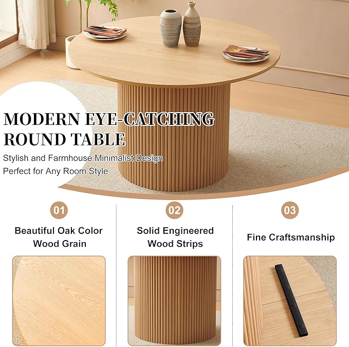 Dining Table Set for 2, 47" Round Kitchen Table with Two-Part Tabletop& Wood Strips Base, Oak Wood Finish Circle Dinner Table with Brown Teddy Velvet Dining Chairs Upholstered