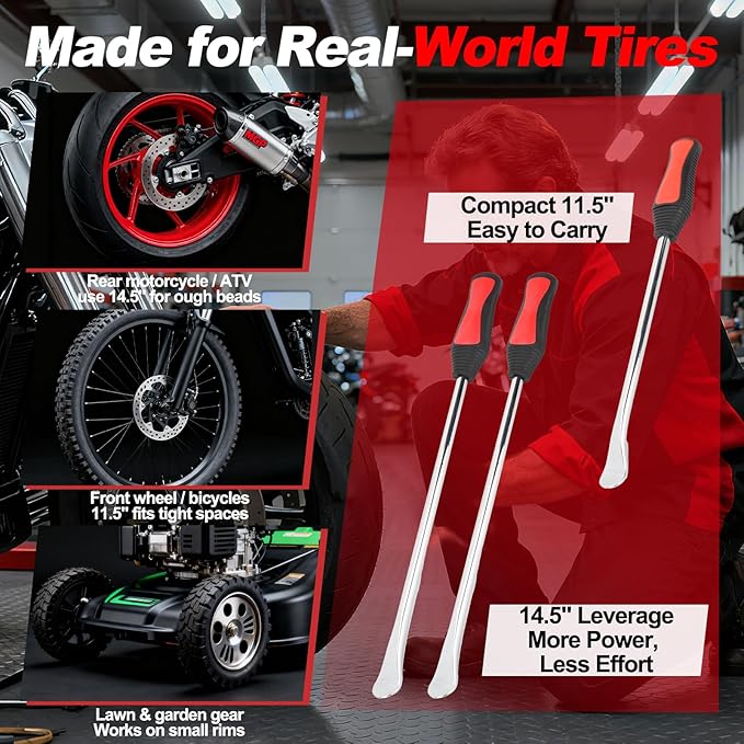 39PC Tire Spoons Tool Set, Premium Tire Irons Tire Changing Kit with 14.5" & 11.5" Levers for Motorcycle, Dirt Bike & Lawn Mower, including Rim Protectors, Valve Tools & Accessories