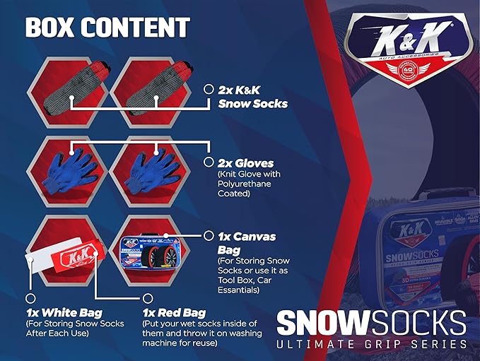K&K Auto Accessories Snow Socks for Tires - Pro Series for Ultimate Grip Alternative for Tire Snow Chain - Snow Traction Device for Passenger Cars SUVs Trucks Winter Emergency Accessory (Medium)