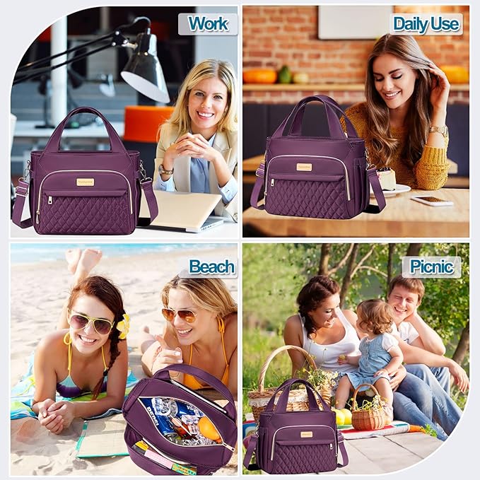 Lunch Bag Lunch Box Women - Insulated Lunch Tote Bag for Women Men, Leakproof Large Womens Lunch Bags for Work, Lunch Cooler Bag for Adult with Side Pocket for Picnic, Hiking, Beach (Purple)