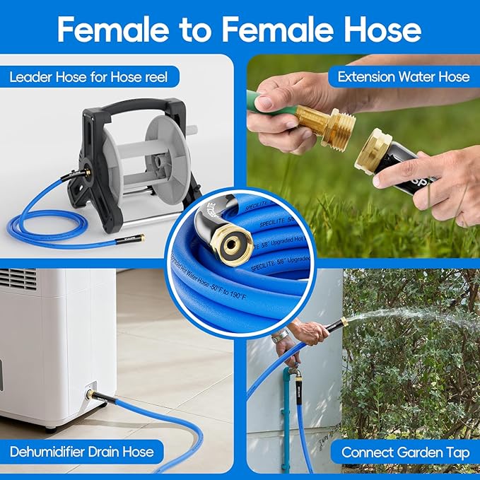 SPECILITE Female to Female Hot/Cold Garden Water Hose 20 ft x 5/8 Inch for Hose Reel, -50℉To 190℉, Heavy Duty, Flexible, Burst 605 Psi, Rubber Extension Pipe with 3/4" Brass Fittings