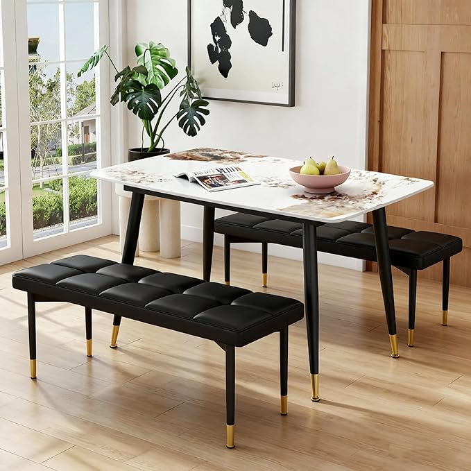 Modern Dining Table Set for 4 Marble Kitchen Table Set with 2 Upholstered Benches 3-Piece Dining Room Table and Bench Set for Breakfast Nook, Apartment(50" Marble Table+2Benches)