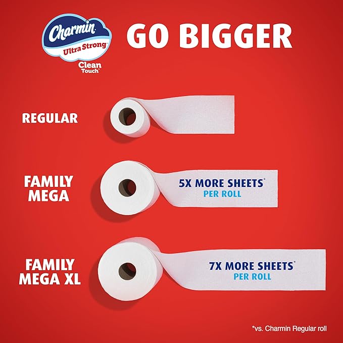 Charmin Toilet Paper Ultra Strong Clean Touch, 18 Family Mega XL Rolls = 126 Regular Rolls (Packaging May Vary)