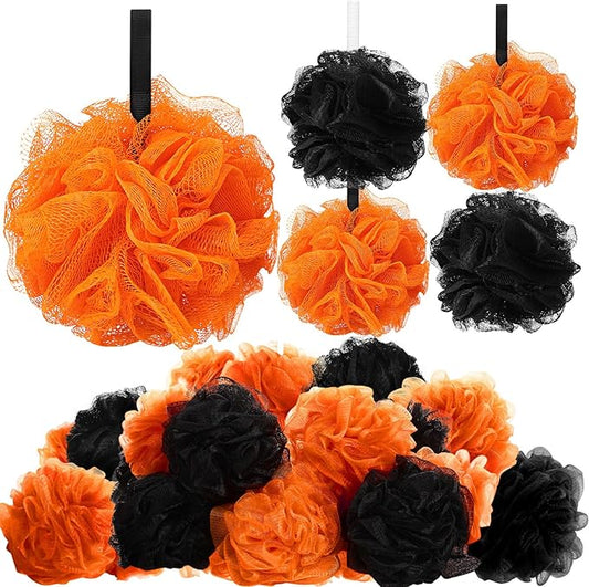 24 Pcs Christmas Bath Loofah Sponge Red Green Loofah Exfoliating Body Scrubber Shower Sponge 50g Mesh Shower Pouf Balls Gift Set for Women Men Christmas Bathing Accessories(Orange,Black)