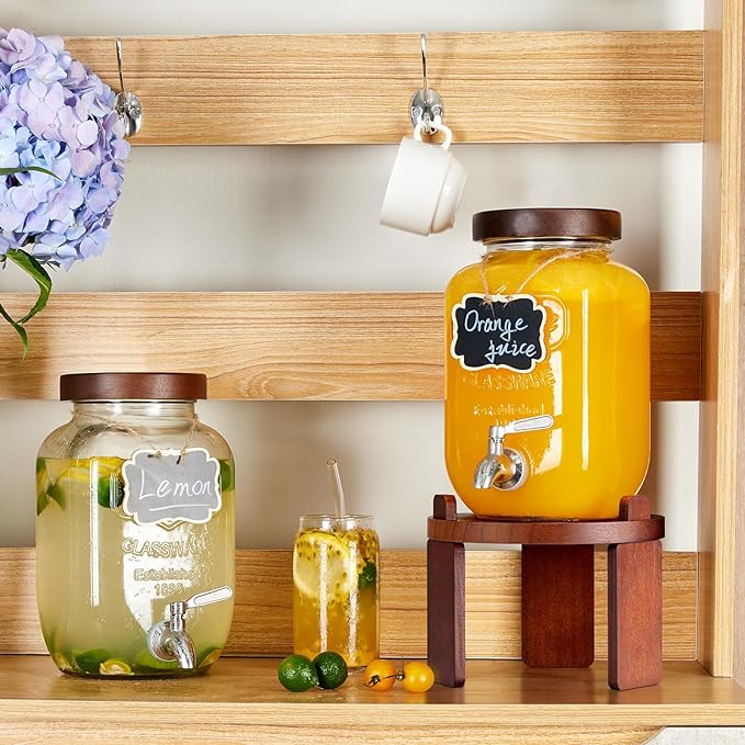 1 Gallon Drink Dispenser for parties,Glass Beverage Dispenser with Stand,Water Dispenser with 18/8 Stainless Steel Spigot,lemonade stand Dispenser for Fridge,Juice,Punch,Cocktails,Ice Tea & Sun Tea